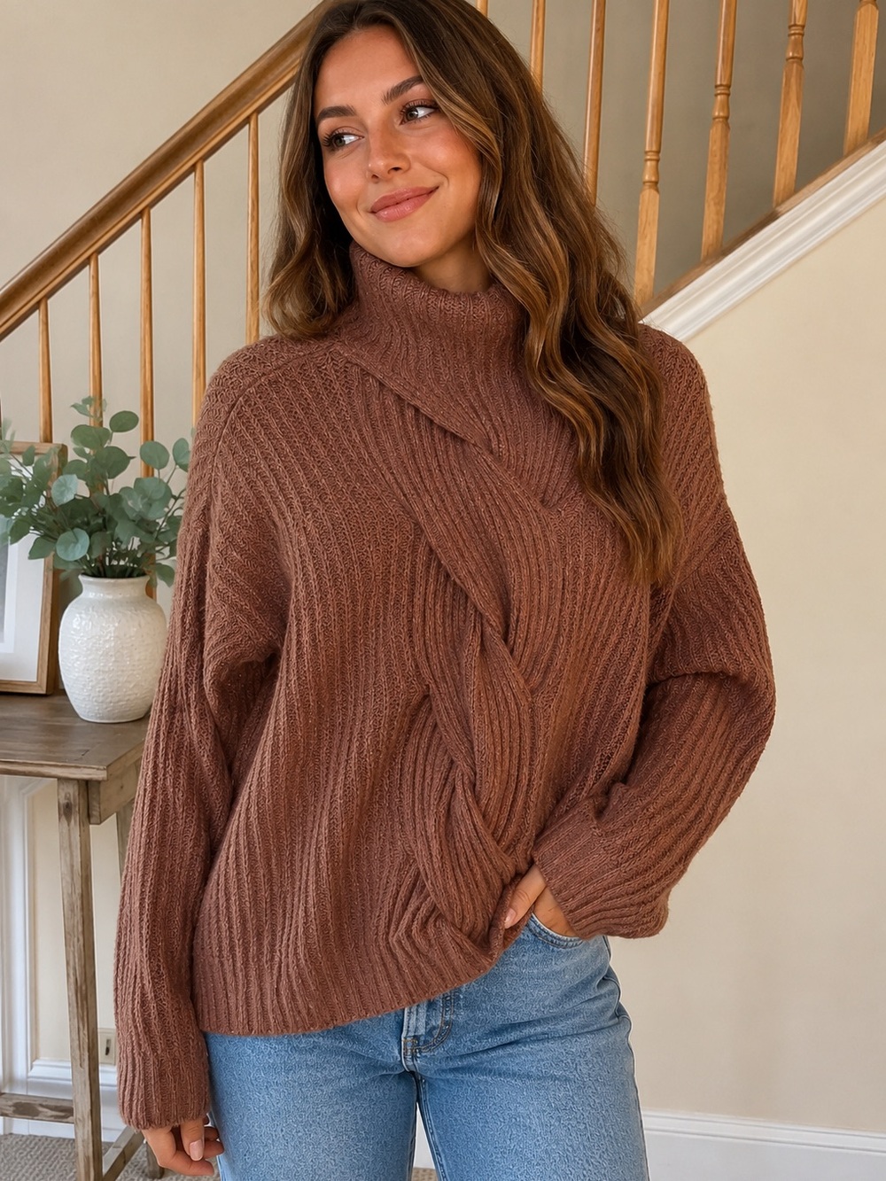 Pink Lily Braided Cable Turtleneck Sweater in Chocolate Brown